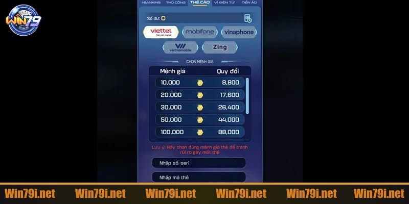 Nạp tiền WIN79 thông qua thẻ cào điện thoại 
